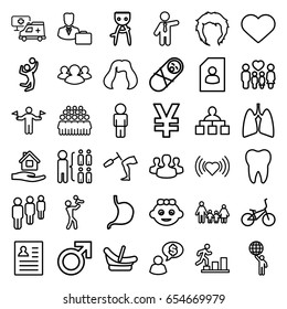 Human icons set. set of 36 human outline icons such as man with flags, baby girl, baby basket, male, hair removal, hairstyle, heart, home care, businessman, structure, group