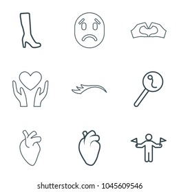Human icons. set of 9 editable outline human icons such as man with flags, woman boot, heart organ, search sperm, eyelashes, heart on hand, sad emot