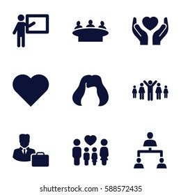 human icons set. Set of 9 human filled icons such as hairstyle, group, hands holding heart, family, structure, male consultant   with case