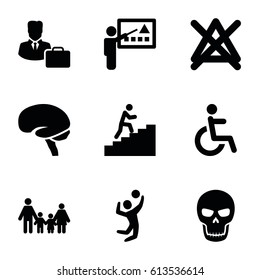 Human icons set. set of 9 human filled icons such as no bleaching, brain, disabled, male consultant   with case, volleyball player, man climbing stairs, skull, teacher