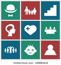 Human icons set. set of 9 human filled icons such as baby, group, heart with cross, human brain, hat and moustache, stair, group of people and man celebrating victory, user