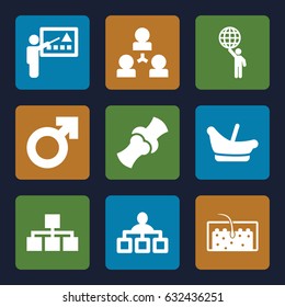Human icons set. set of 9 human filled icons such as baby basket, structure, bone, hair, teacher, man holding globe