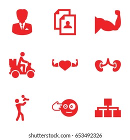 Human icons set. set of 9 human filled icons such as resume, head bang emot, muscle, heart with muscles, kidney, courier on motorcycle, businessman, father with baby