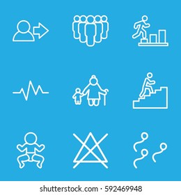 human icons set. Set of 9 human outline icons such as no bleaching, heartbeat, sperm, man climbing stairs, user, man going up, newborn child, old woman and child