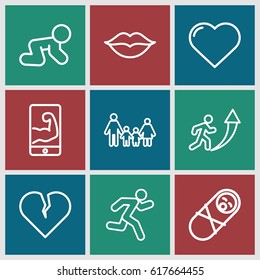 Human icons set. set of 9 human outline icons such as heart, baby crawl, love, running, muscular arm  on phone, man going up, family, newborn child