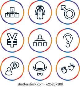Human icons set. set of 9 human outline icons such as baby hands, structure, woman, ear, hat and moustache, jacket, man thinking about money