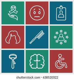 Human icons set. set of 9 human outline icons such as hairstyle, toothbrush, tie, brain, disabled, ribbon on hand, clipboard, sad emot