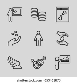 Human icons set. set of 9 human outline icons such as hand with seeds, group, x ray, hands holding heart, male and female, money, teacher