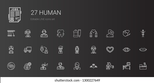 human icons set. Collection of human with antiseptic, heart, businesswoman, user, employee, mind, vision, boy, stewardess, scientist, teamwork. Editable and scalable human icons.
