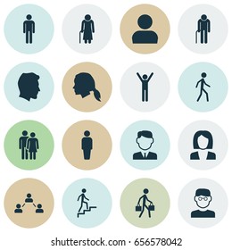 Human Icons Set. Collection Of Businesswoman, Ladder, Happy And Other Elements. Also Includes Symbols Such As Female, Rejoicing, Old.