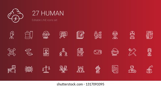 human icons set. Collection of human with curriculum, pilot, teamwork, team, law, brain, sleep, teacher, ar glasses, structure, skeleton, kiss. Editable and scalable human icons.