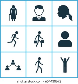 Human Icons Set. Collection Of Happy, Gentlewoman Head, Jogging And Other Elements. Also Includes Symbols Such As Social, Running, Walking.