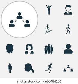 Human Icons Set. Collection Of Happy, Ladder, Network And Other Elements. Also Includes Symbols Such As Work, Network, Gentlewoman.