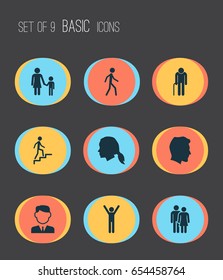 Human Icons Set. Collection Of Jogging, Ladder, Male And Other Elements. Also Includes Symbols Such As Mother, Rejoicing, Happy.