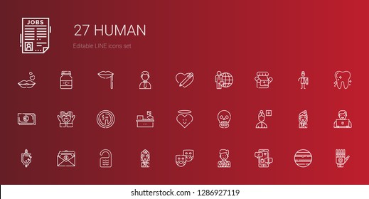 human icons set. Collection of human with negotiation, groom, theater masks, stewardess, room, salary, urinal, add user, skull, heart, working. Editable and scalable human icons.