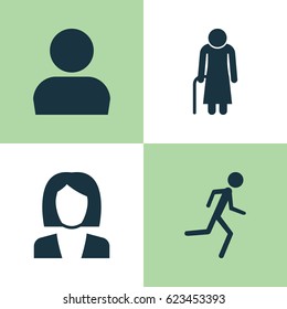 Human Icons Set. Collection Of Old Woman, Businesswoman, Running And Other Elements. Also Includes Symbols Such As Old, Woman, Jogging.