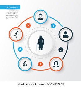 Human Icons Set. Collection Of Old Woman, Scientist, Businesswoman And Other Elements. Also Includes Symbols Such As Woman, Courier, Businesswoman.