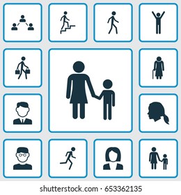 Human Icons Set. Collection Of Running, Ladder, Businesswoman And Other Elements. Also Includes Symbols Such As Woman, Courier, Happy.