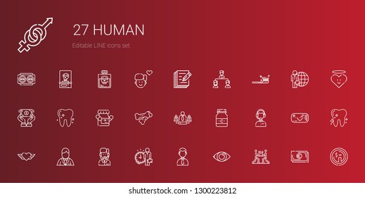 human icons set. Collection of human with teamwork, eye, businessman, employee, customer service, groom, heart, medicine, team, bones, tooth. Editable and scalable human icons.