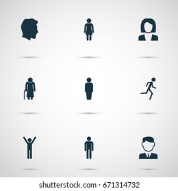 Human Icons Set. Collection Of Work Man, Running, Male And Other Elements. Also Includes Symbols Such As Head, Male, User.