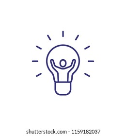 Human idea line icon. Male character raising hands inside lightbulb. Creativity concept. Can be used for topics like eureka, business, idea for startup