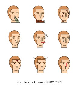 Human illnes symptoms set. Isolated on background. Line illustration of symptoms. Simple and modern design.Thin line icons.