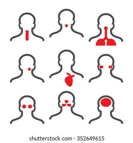 human illness icons pack: headache, lungs disease, throat, tooth, nosal ache, heart, eyes, ears pain illustrations.