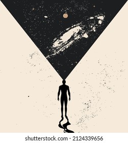 Human imagination or human dreaming concept with abstract human silhouette with projection of the universe galaxy coming out of human head on white background. 