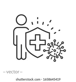 human immune from flu germ icon, man protection against the virus, hygiene shield, bacterial prevention, thin line web symbol on white background - editable stroke vector illustration eps10