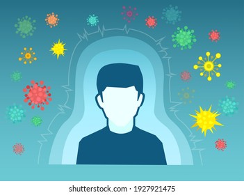 Human immune system concept. Vector of a man with Immunity and antibodies against microbes and viruses