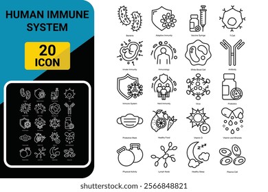 Human immune system line icon set. Shield, vaccine, syringe, mask, probiotic, bacterium, antibody,, vitamin d, normal sleep, physical activity vector illustration