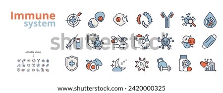 Human immune system line icon set. Virus protection, hygiene shield, bacterial prevention, white blood cell, macrophage, vaccine, healthy food, protective mask vector illustration. Editable Strokes
