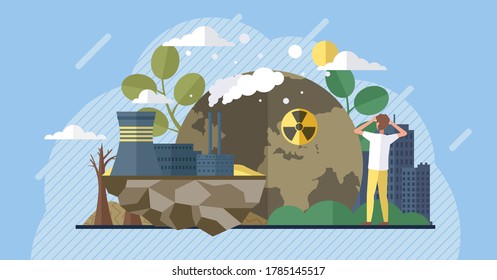 Human impact on climate change vector. Air pollution emissions from factories. Man holds his hands behind his head, looks at industrial smoke and dying plants, lifeless planet. Change climate concept