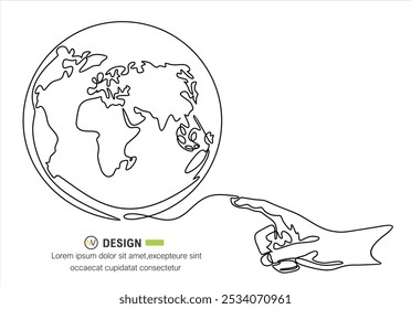 Human index finger shows clicks on planet earth. Concept global internet connection, network, data transfer, ecology, business.