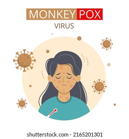 Human infected with monkeypox. Blisters on the skin when infected. Monkeypox virus Symptoms. Vector illustration of sick person. Flat character portrait with red rash on face