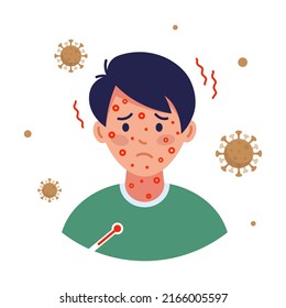 Human infected with monkeypox. Blisters on the skin when infected. Monkeypox virus Symptoms. Vector illustration of sick person. Flat character portrait with red rash on face