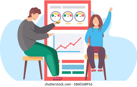 Human infographic. Child with dad near poster, report with diagrams and graphs. Statistics demographics, families and infants info elements. Vector Illustration template for presentation Information