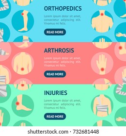 Human Injuries of Body, Hand and Foot Set Bandage, Center Pain Banner Horizontal Set. Concept Treatment. Vector illustration