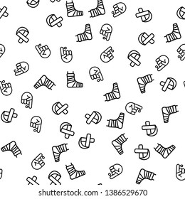 Human Injury And Treatment Seamless Pattern Vector. Bandage, Broken Foot And Cast, Bleeding From Finger Or Blood Test Treatment Monochrome Texture Icons. Healthcare Template Flat Illustration