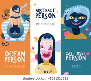 Human inner world 3 vertical abstract banners with cat lover and ocean type persons isolated vector illustration 