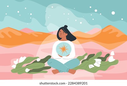 Composición conceptual del mundo interior humano con cielo estrellado del planeta plano y niña con el universo dentro de la ilustración vectorial