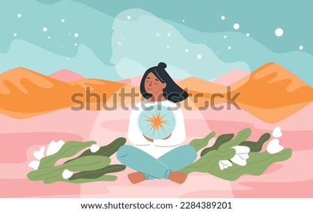 Human inner world conceptual composition with flat planet terrain starry sky and girl with universe inside vector illustration