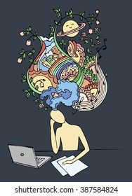 Human inner world. Fantasy. Dreaming man. Doodle illustration. Individuality. Human psychology. Man dreaming at work. Designer at work
