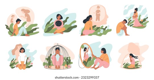 Human inner world set with flat isolated compositions of people personalities in cage talking with spirits vector illustration