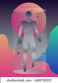 Human inside futuristic box incubator filled with bubbly liquid. Concept illustration of Artificial Intelligence or Robot, idea of Transhumanism. 
