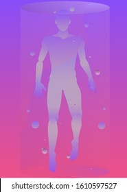 Human inside futuristic box incubator filled with bubbly liquid. Concept illustration of Artificial Intelligence or Robot, idea of Transhumanism. 