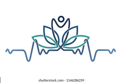 a human inside a lotus with a line of pulse. medical logo