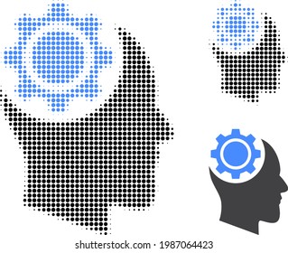 Human intellect gear halftone dotted icon. Halftone array contains circle dots. Vector illustration of human intellect gear icon on a white background.