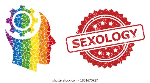 Human intellect gear mosaic icon of filled circle items in different sizes and spectrum color tints, and Sexology dirty rosette stamp seal.
