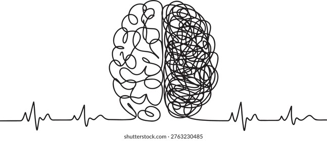 Human intelligence concept with two sides brain. Normal left side and messy right side. Single continuous line drawing vector illustration. Idea of thought process. Metaphor for creativity and logic. Mind functions represented in minimalist art style.